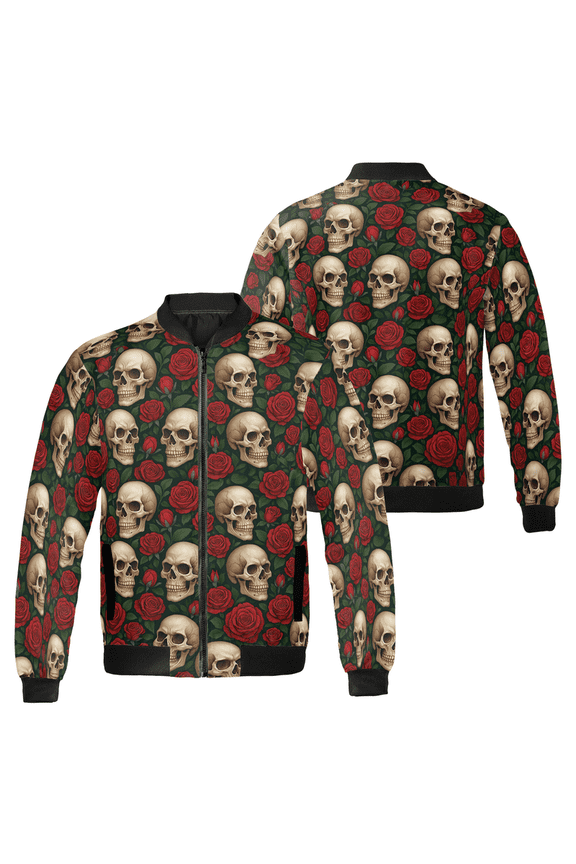 Skull and Roses Bomber Jacket – Gothic All Over Print, Red Rose & Skull Pattern Streetwear, Punk Rock Fashion Coat for Men & Women