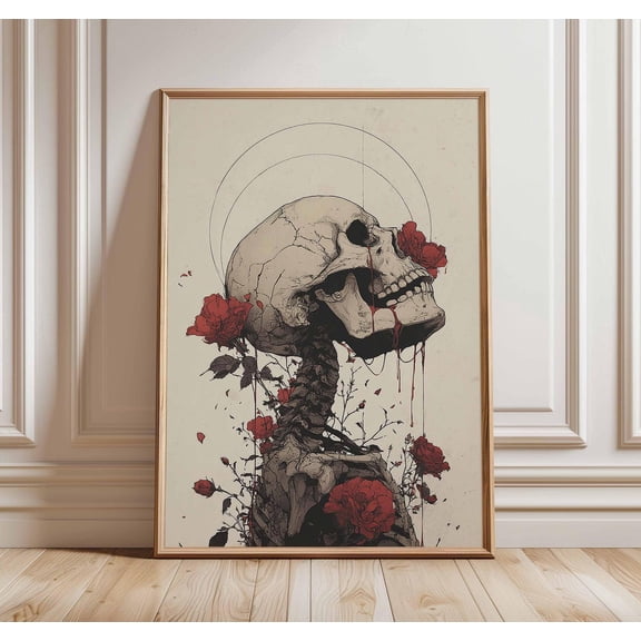 Skull and Roses Gothic Dark Academia Macabre Floral Illustration, Unframed Canvas 8x10in