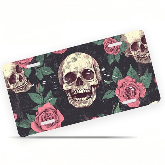 Skull and Roses Motif Funny Personalized License Plate Rust-proof Stainless Steel Metal License Plate Suitable For Men And Women 12.2" x 6.2"
