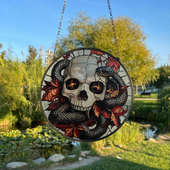 Skull and Snake Painted Stained Glass Suncatcher, Window Hanging Decor, Outdoor Sun Catcher, Halloween Decor