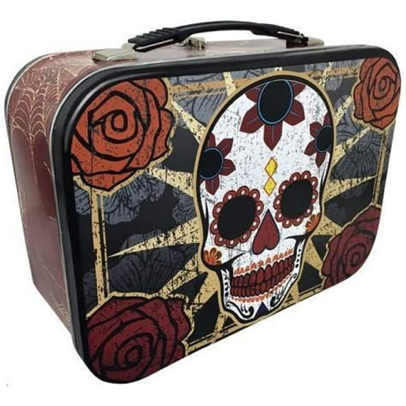Skull and Spider Webs Tin Tote for Lunch, School Supplies, Art, Cosmetics, and more
