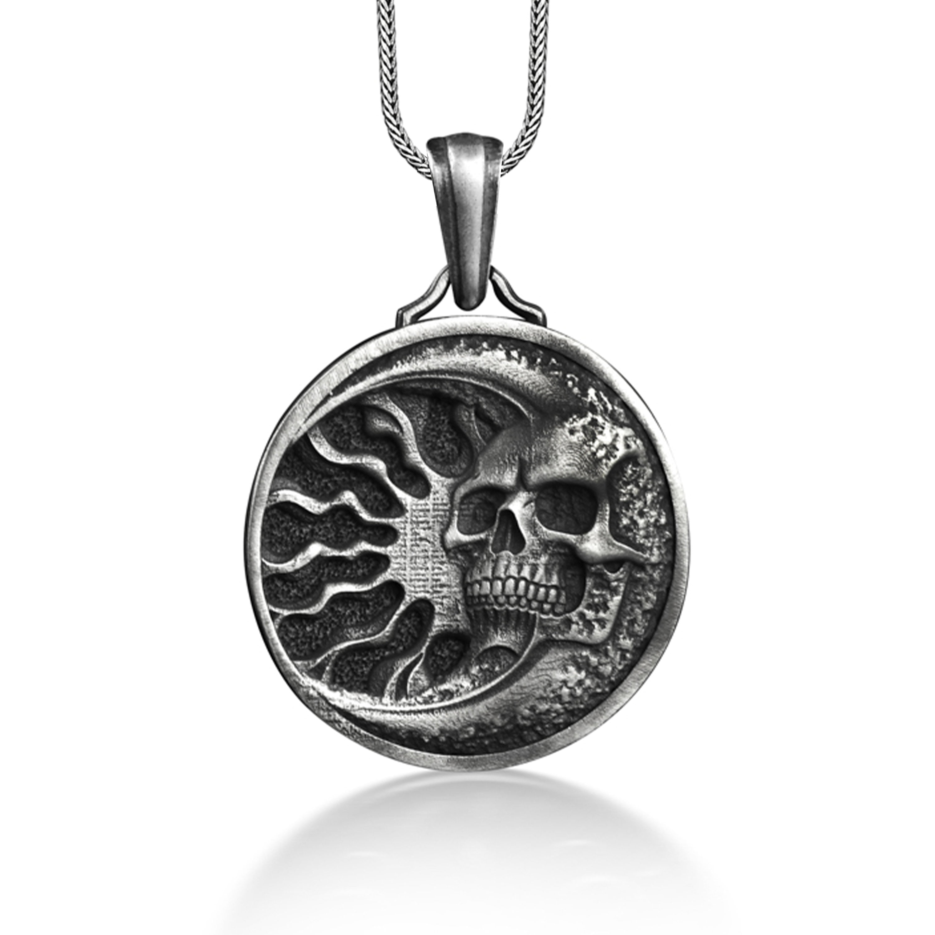 Skull in Crescent Moon and Sun Pendant, Skull Looking Sun From Moon