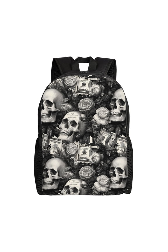 Skull and money Backpack with 15 Inch Laptop Compartment,Water-Resistant Daypack, Large Capacity Backpack with Adjustable Breathable Shoulder Straps for Daily Use Travel Gym