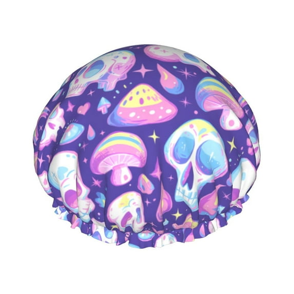 Skull mushroom colorful Shower Cap, Reusable Bath Hair Hat for all Hair Lengths Hair Cover with Elastic Band Double Waterproof Layers Bathing Hat