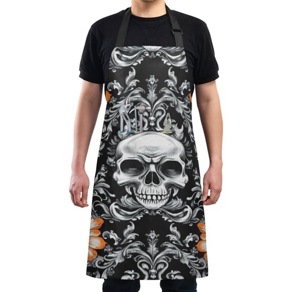 Skull on Black Background Chef Kitchen Apron with Pockets for Women Waterproof Aprons for Cooking Baking