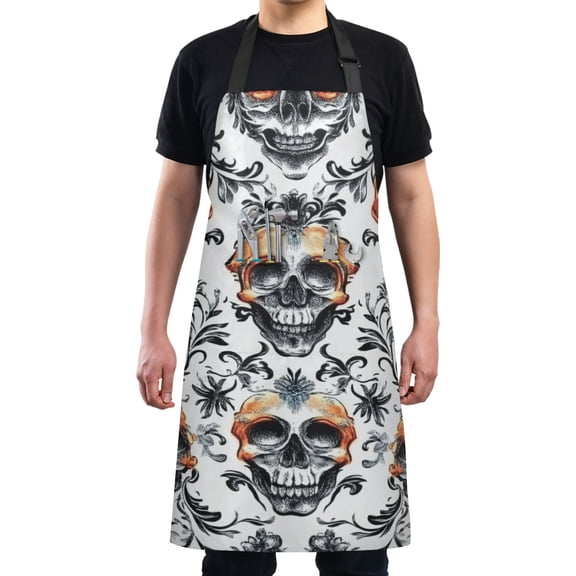 Skull on White Background Chef Kitchen Apron with Pockets for Women Waterproof Aprons for Cooking Baking