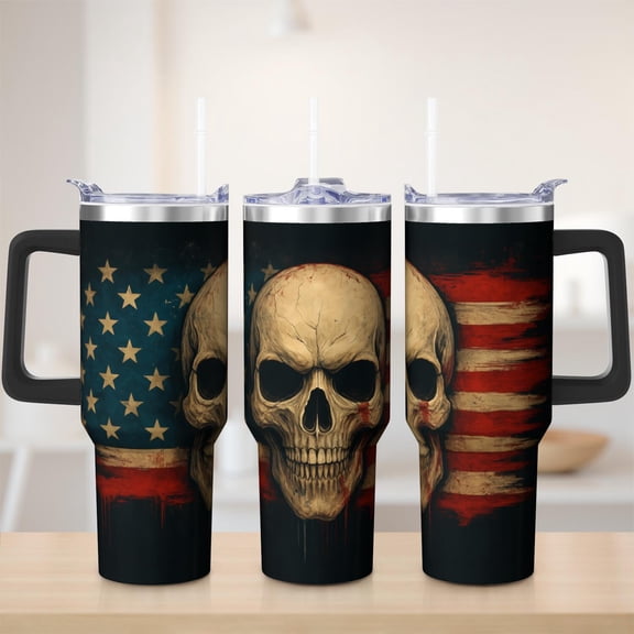 Skull tumbler 40 oz tumbler with handle and straw 304 stainless steel travel cup coffee mug water bottle suitable as a gifts for women Halloween gift men gift gift for skull lovers