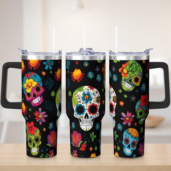 Skull tumbler 40 oz tumbler with handle and straw 304 stainless steel travel cup coffee mug water bottle suitable as a gifts for women gift for Skull lovers