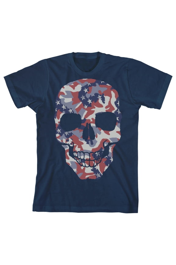 Skull with Camo Trap Graphics Youth Navy Blue Graphic Tee-XL