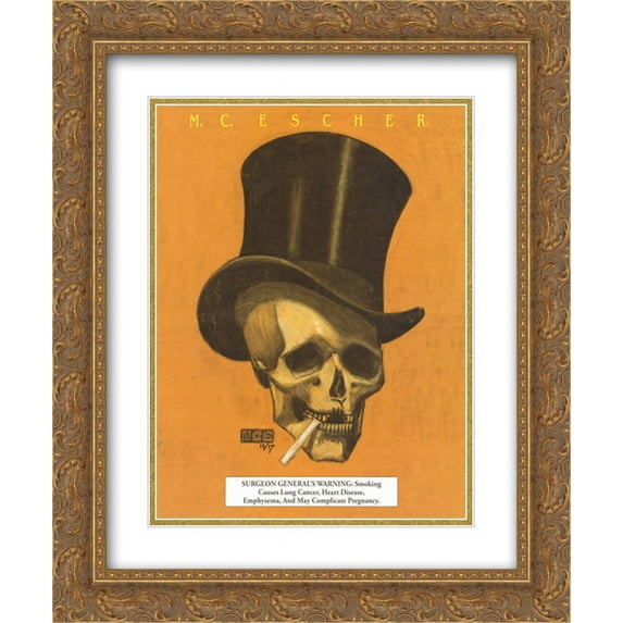 Skull with Cigarette 2x Matted 15x18 Gold Ornate Framed Art Print by M.C. Escher