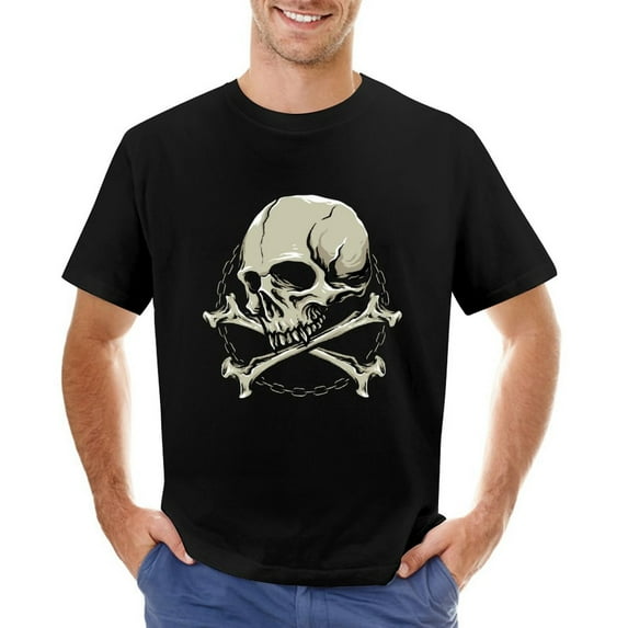 Skull with Cross Bone Men’s Graphic T-shirt Vintage Short Sleeve Sport Tee Black 2XL
