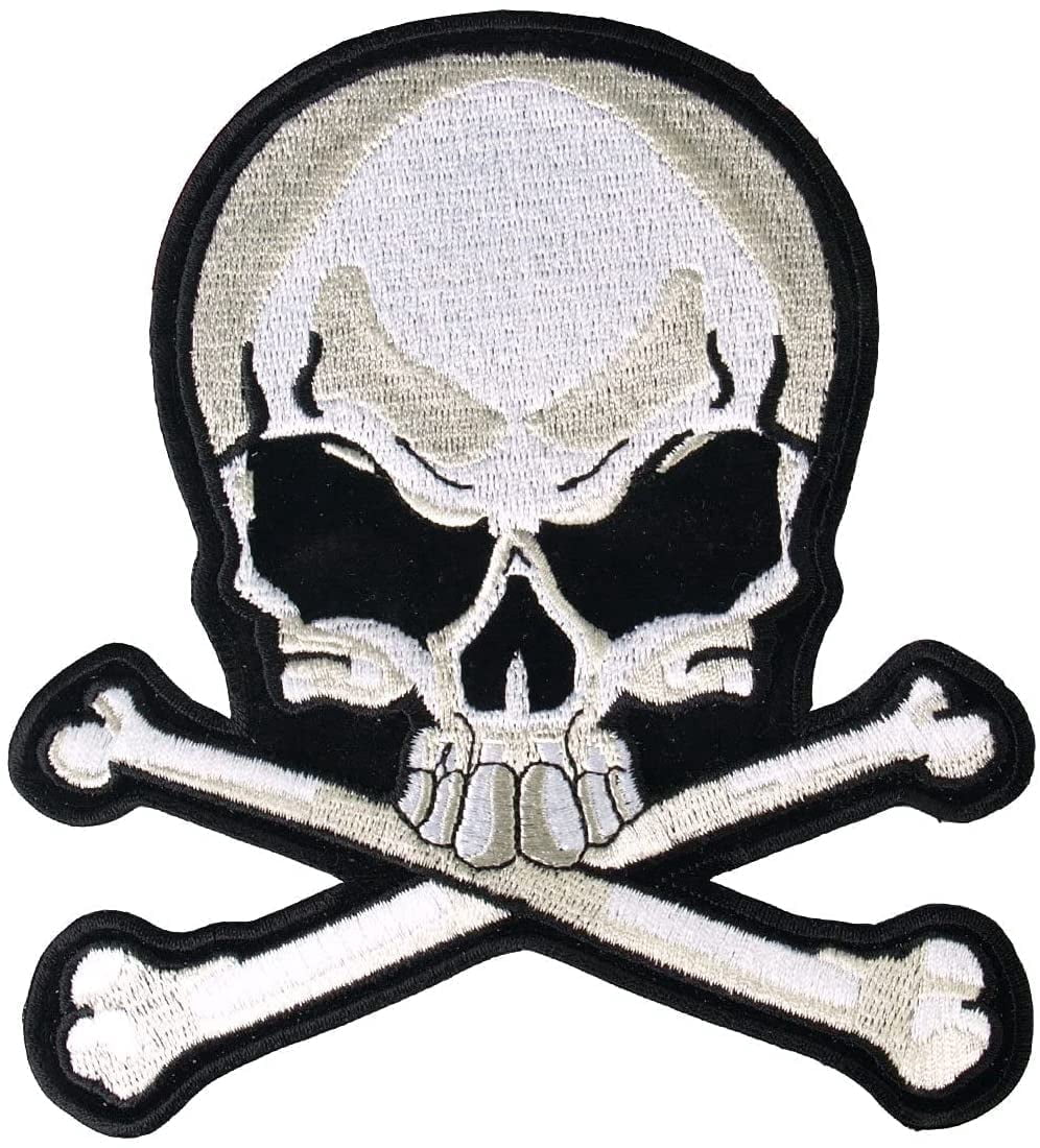 Skull with Cross Bones, Iron-on Heat Sealed Backing Sew-on Biker's Large Patch - 9"x10"