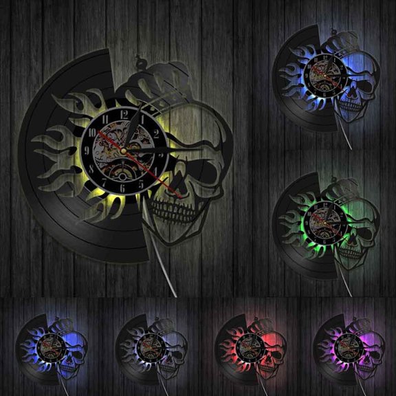 Skull with Crown On Fire Wall Art Wall Clock Halloween Royal Skull Crown Vinyl Record Wall Clock King Skeleton Decorative Clock
