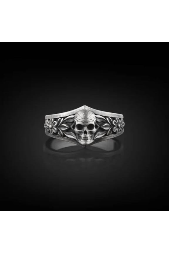 Skull with Floral Ornament Ring – Gothic Men’s Engagement Ring in 925 Sterling Silvee- Unique Husband Gift