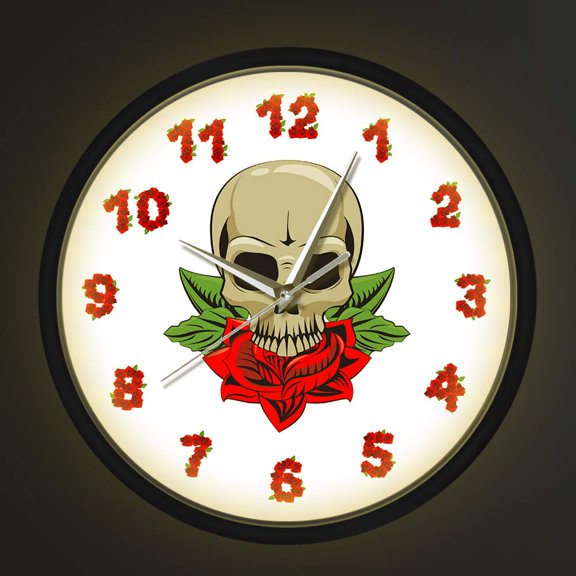 Skull with Flower Rose Voice Control LED Light Gothic Metal Frame Macabre Wall Clock