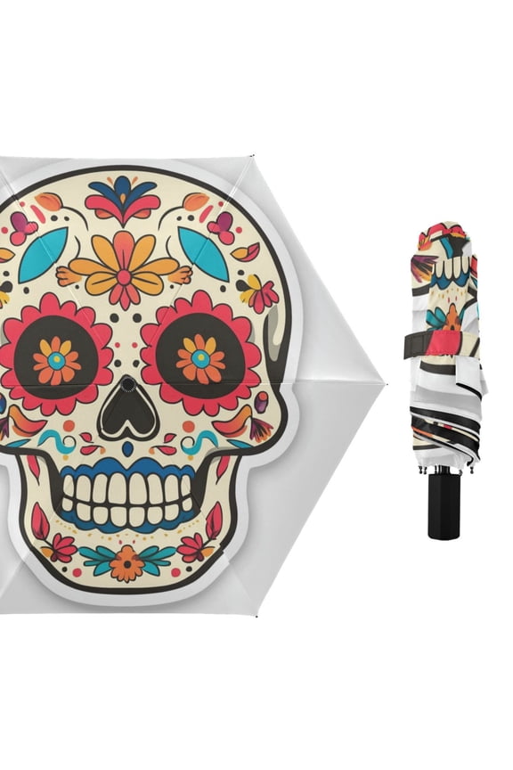 Skull with Flowers All Weather Umbrella Triple Folding Parasol 6 Ribs UV Protection Portable