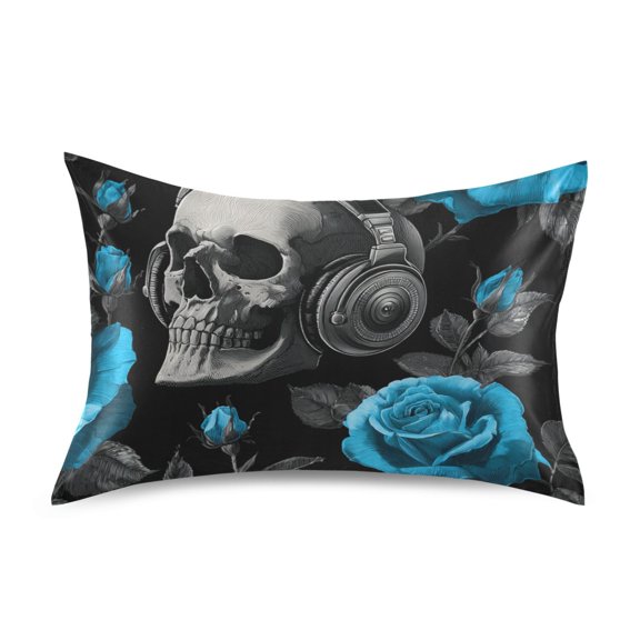Skull with Headphone Blue Roses Satin Pillowcase Envelope Design Pillow Covers 1 Pack Queen Size 20" x 30"