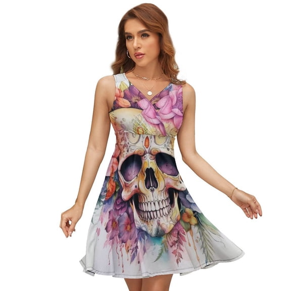 Skull with Leaves And Flowers Sleeveless Dress Women Summer Evening Dresses Ladies Sundress