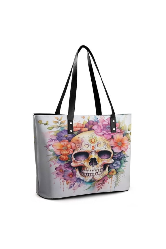 Skull with Leaves And Flowers Woman Leather Handbags Large Tote Bag Fashion Portable Handbags With Zipper