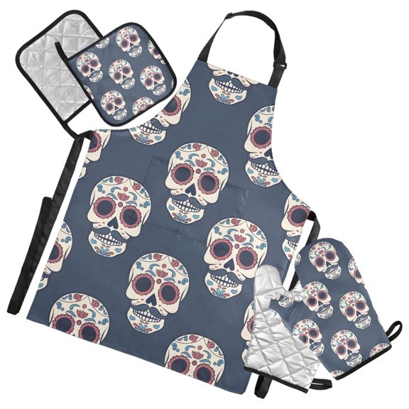 Skull with Mustache 5 Pcs Kitchen Set Heat Resistant Oven Mitts and Non-Slip Pot Holders with Adjustable Cooking Apron