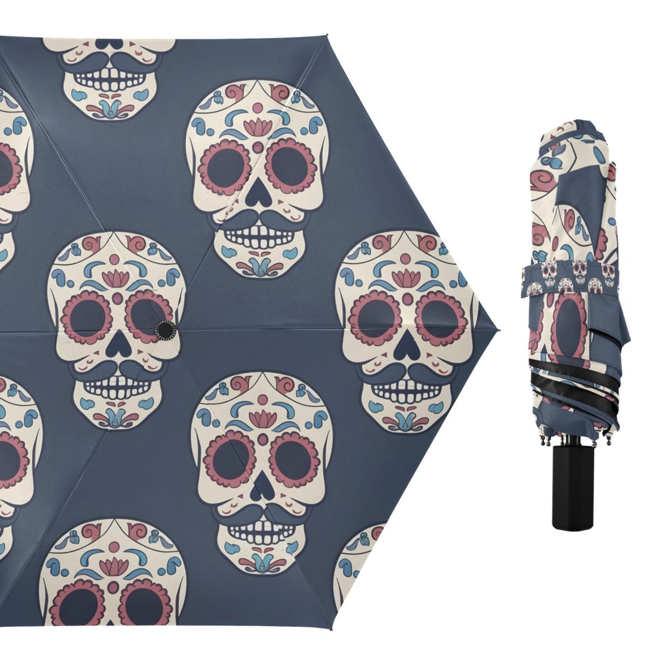 Skull with Mustache Compact Sun Umbrella Windproof Travel Umbrellas for Rain Strong Portable UV Protection