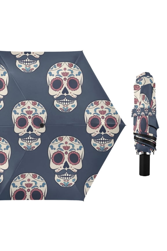 Skull with Mustache Compact Sun Umbrella Windproof Travel Umbrellas for Rain Strong Portable UV Protection
