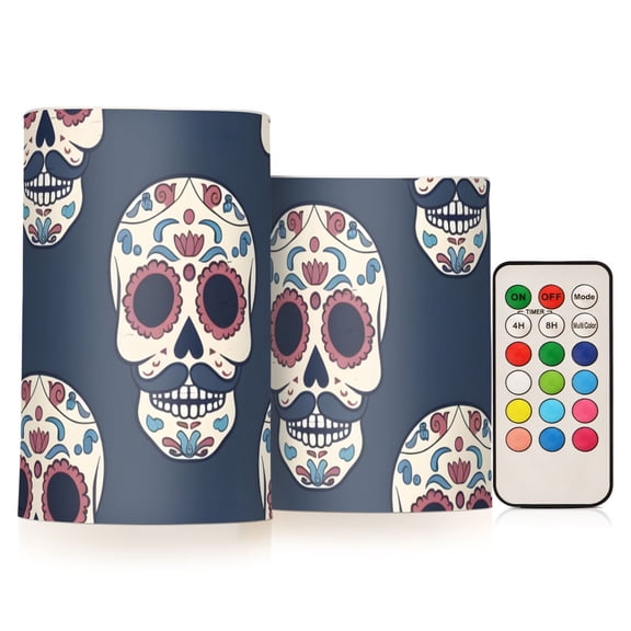 Skull with Mustache Flickering Flameless LED Candles set of 2 Battery Operated 18-Key Remotes Timer Halloween Fall Decor D3''xH4''5''