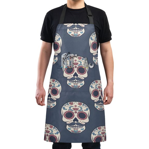 Skull with Mustache Kitchen Apron with 2 Pockets Adjustable waterproof Cooking Aprons for Women Men Chef