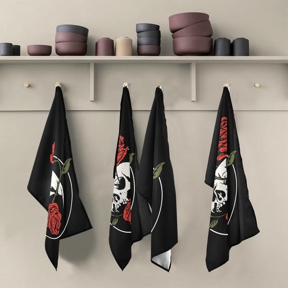 Skull with Rose Flower Dish Towels Set of 6, Vintage Washable Tea Towels Dishcloths Lint-Free 18x28 Inch Fast Drying for Kitchen Restaurant Bar Clean