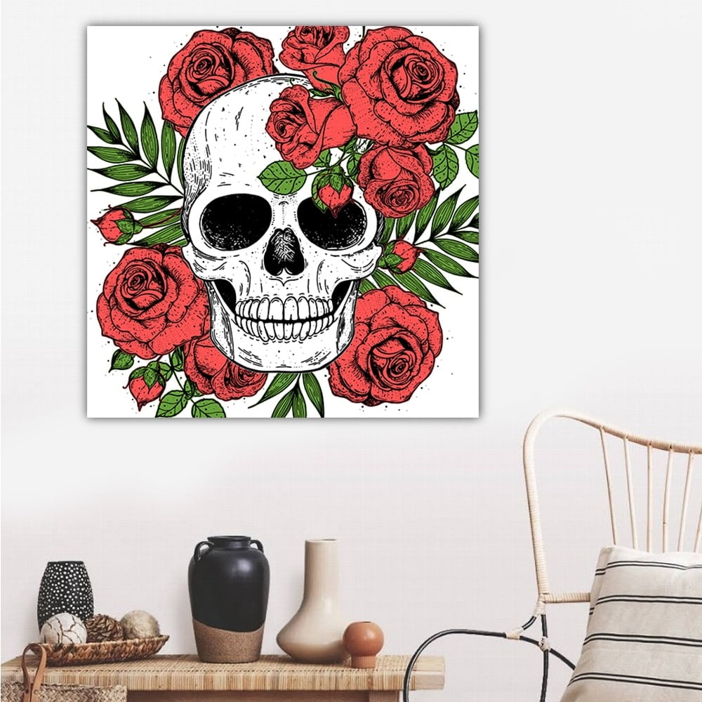 Skull with Roses Around-14"x14" Canvas Artwork 30 x 30