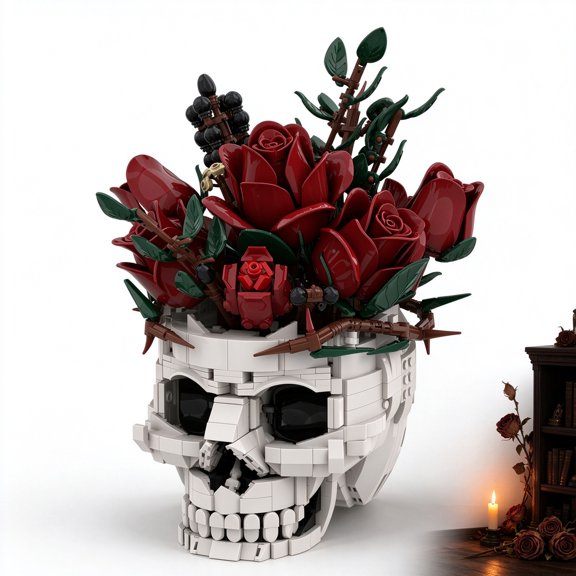 Skull with Roses Building Block Set, Gothic Flower Skeleton Model Kit, Dark Romance Building Bloks Bouquet Ornament for Home Desk Decor