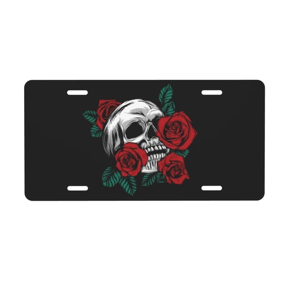 Skull with Roses License Plate with 4 Holes,Novelty Aluminum Metal Car Plate Vanity Tag Decorative Car Front Accessories for Women Men,6"x12"
