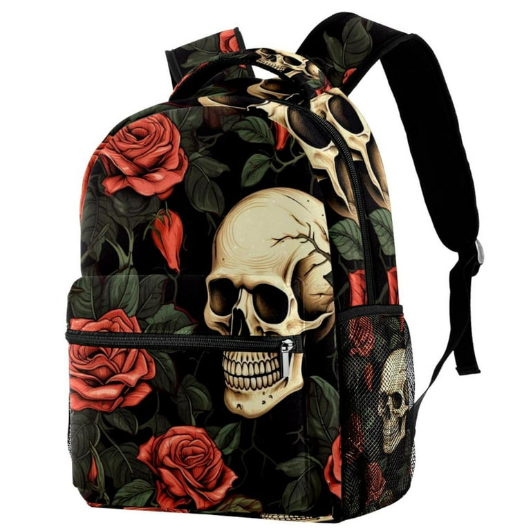 Skull with Roses Vintage Pattern School Backpack Medium Size Travel Bag for Women Men Teens Girls Boys