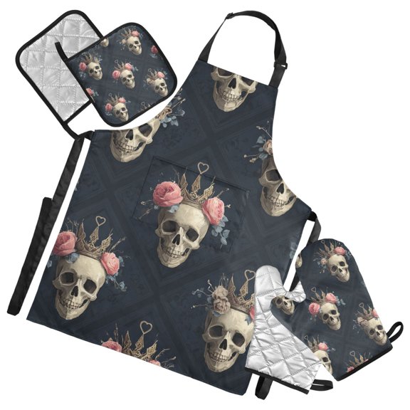 Skull with Roses and Crowns in Square Apron Set with Oven Mitts Pot Holders Set of 5 Kitchen Stuff Accessories