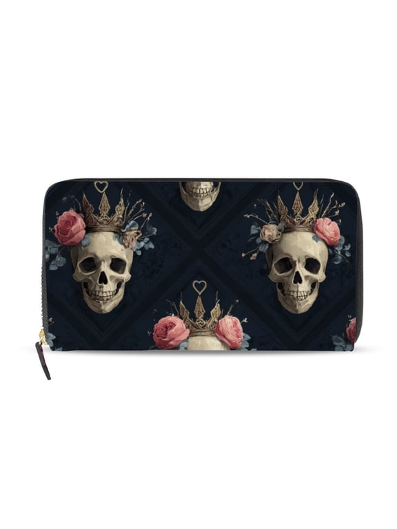 Skull with Roses and Crowns in Square Women's Long Zipper Wallet Bifold Clutch Purse PU Leather Card Cases