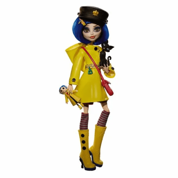 Skullector Collectible Doll Fantasy Blue Hair Figures in Yellow Raincoat with Cat