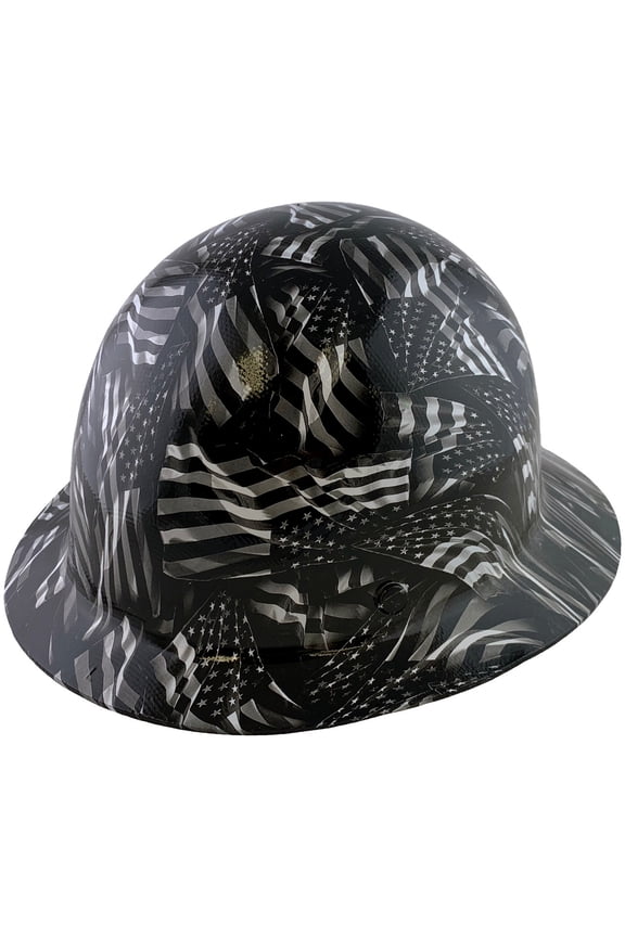 Skullgard Full Brim Fiberglass Hard Hat with Ratchet Suspension and Covert Flag Hydro Dip Design