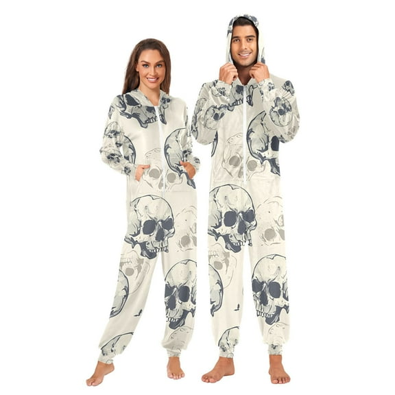 Skulls Adult Onesie Pajamas Slim Fit Christmas One Piece Suit Pjs for Women and Men Hooded Zipper