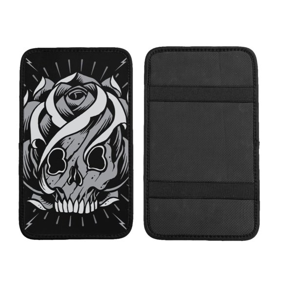 Skulls And Skull Rose Shape Car Armrest Cover Center Console Pad - Neoprene Cushion with Elastic Straps Universal Fit for Vehicles SUV