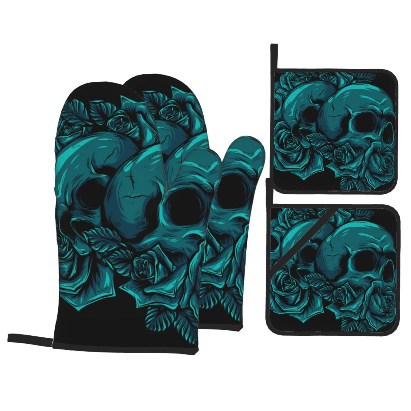 Skulls Bouquet Flowers Skull 4Pcs Oven Mitts and Pot Holders Sets Oven Kitchen Gloves Hot Pads for Cooking BBQ Baking Grilling