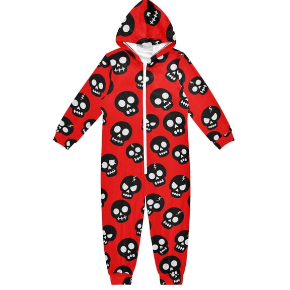 Skulls Boys & Girls Hooded One-Piece Pajamas Warm Crystal velvet Hooded Long Sleeve Loungewear Jumpsuit Unisex