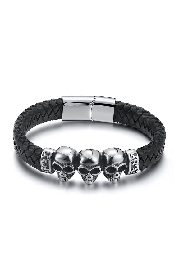 Skulls Bracelet Stainless Steel Biker Punk Goth Leather Mens Ginger Lyne Collection