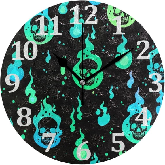 Skulls Fire Flame Wall Clock Round Vintage Silent Non Ticking Battery Operated Accurate Arabic Numerals Design Decorative for Home Kitchen Living Room Bedroom 10 Inch