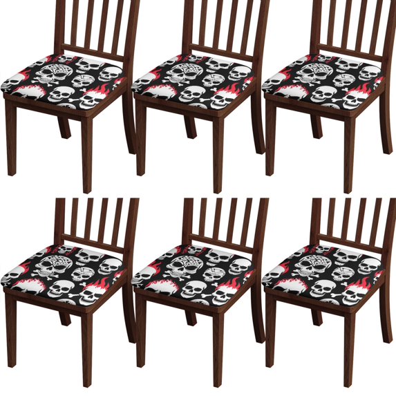 Skulls with Fire Pattern Seat Covers for Dining Room Chairs Set Of 6,Stretch Printed Washable Chair Seat Cover with Elastic Ties and Button,Removable Waterproof Couch Cushion Covers