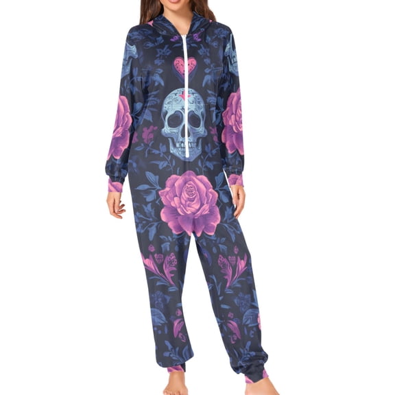 Skulls Flowers Leaves Hearts Valentine Adult's Hoodie Onesie Jumpsuit One-Piece Pajamas with Zipper Unisex for Holiday M