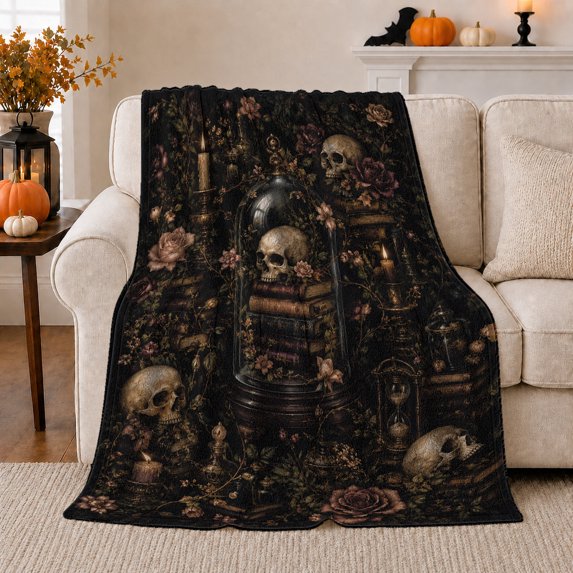 Gothic Skull Still Life With Books And Candles Print, Gothic Still Life, Halloween Gift for Gothic Decor Enthusiasts, Comfortable Flannel Blanket with Home Decor for Study and Living Room