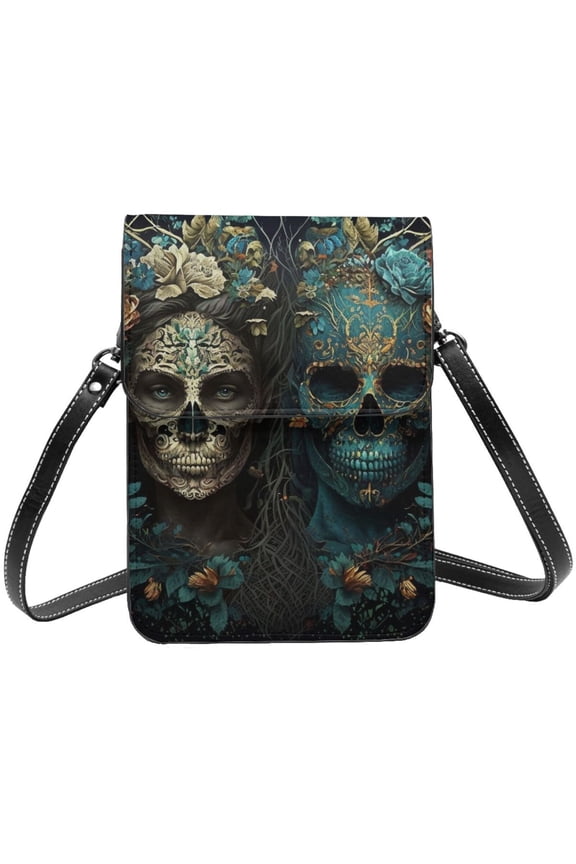 Skulls Gothic Day Of The Dead Skull Lovers Cell Phone Purse Small Crossbody Bag with Strap Credit Card Slots Leather Shoulder Wallet for Women