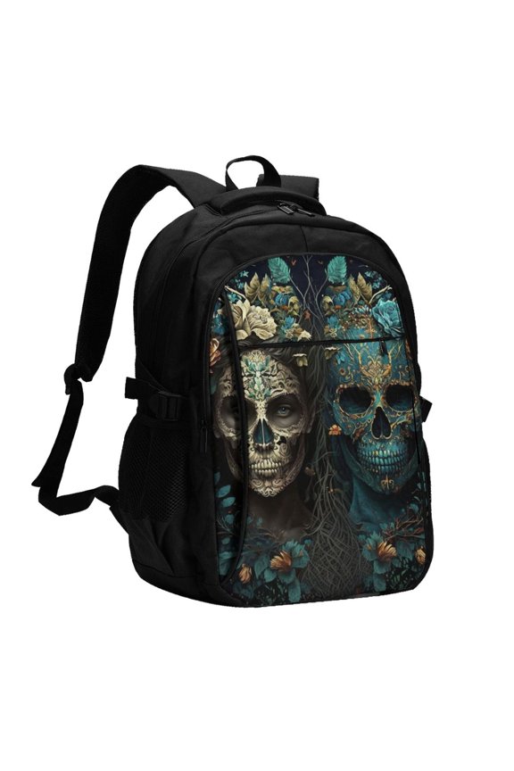 Skulls Gothic Day Of The Dead Skull Lovers Laptop Backpack with USB Charging Headphone Port Casual Daypack Bag College Business Travel
