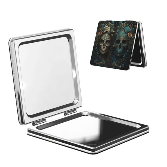 Skulls Gothic Day Of The Dead Skull Lovers Portable Double-Sided Face Mirror Square, Magnifying Compact Pocket Mirror with PU Leather Cover