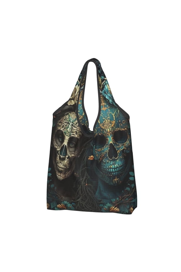 Skulls Gothic Day Of The Dead Skull Lovers Reusable Grocery Bags Shopping Totes Foldable Washable Pouch Handbag Storage Bag
